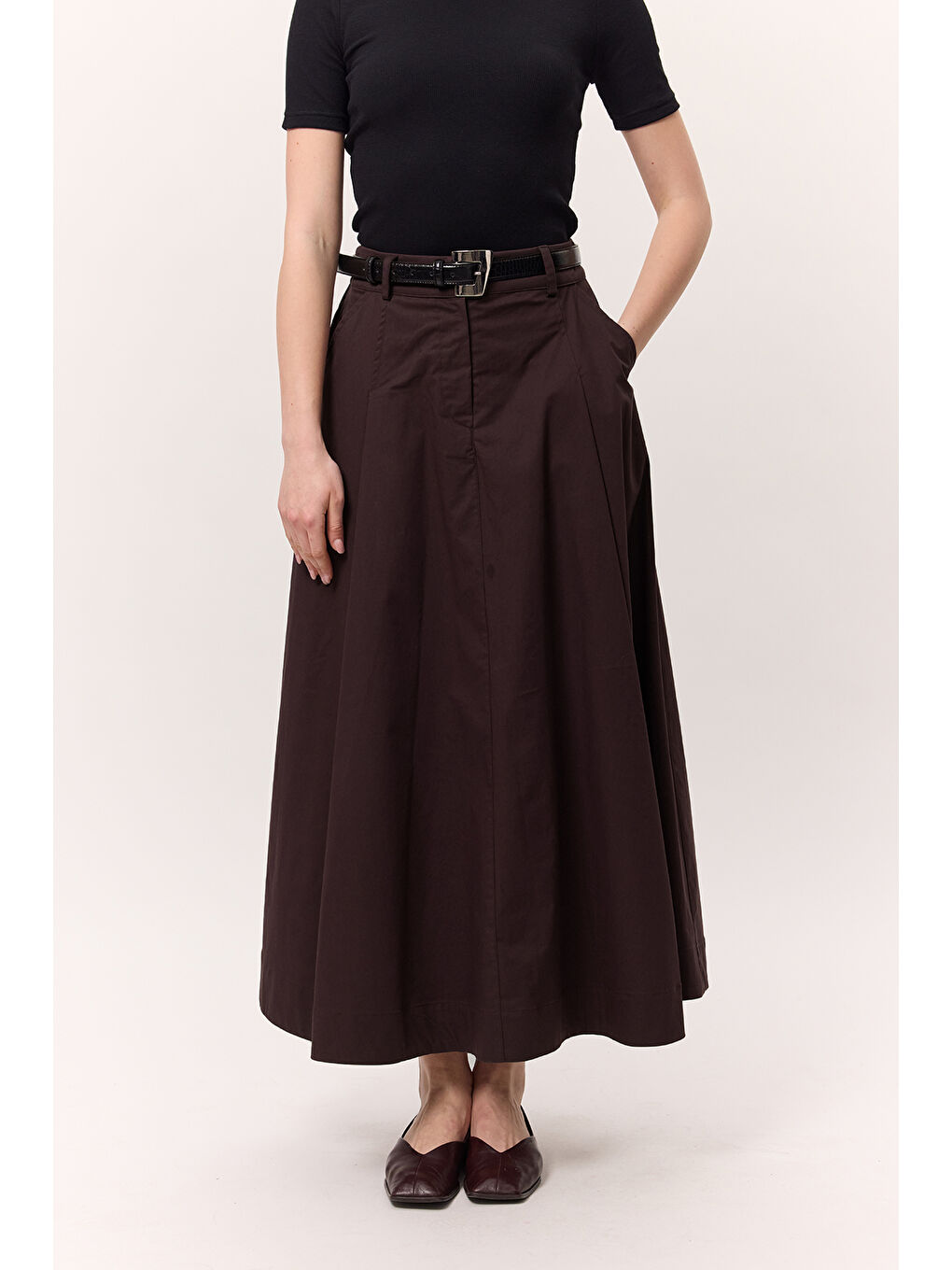 Cep Detaylı Geniş Etek Mürdüm-6