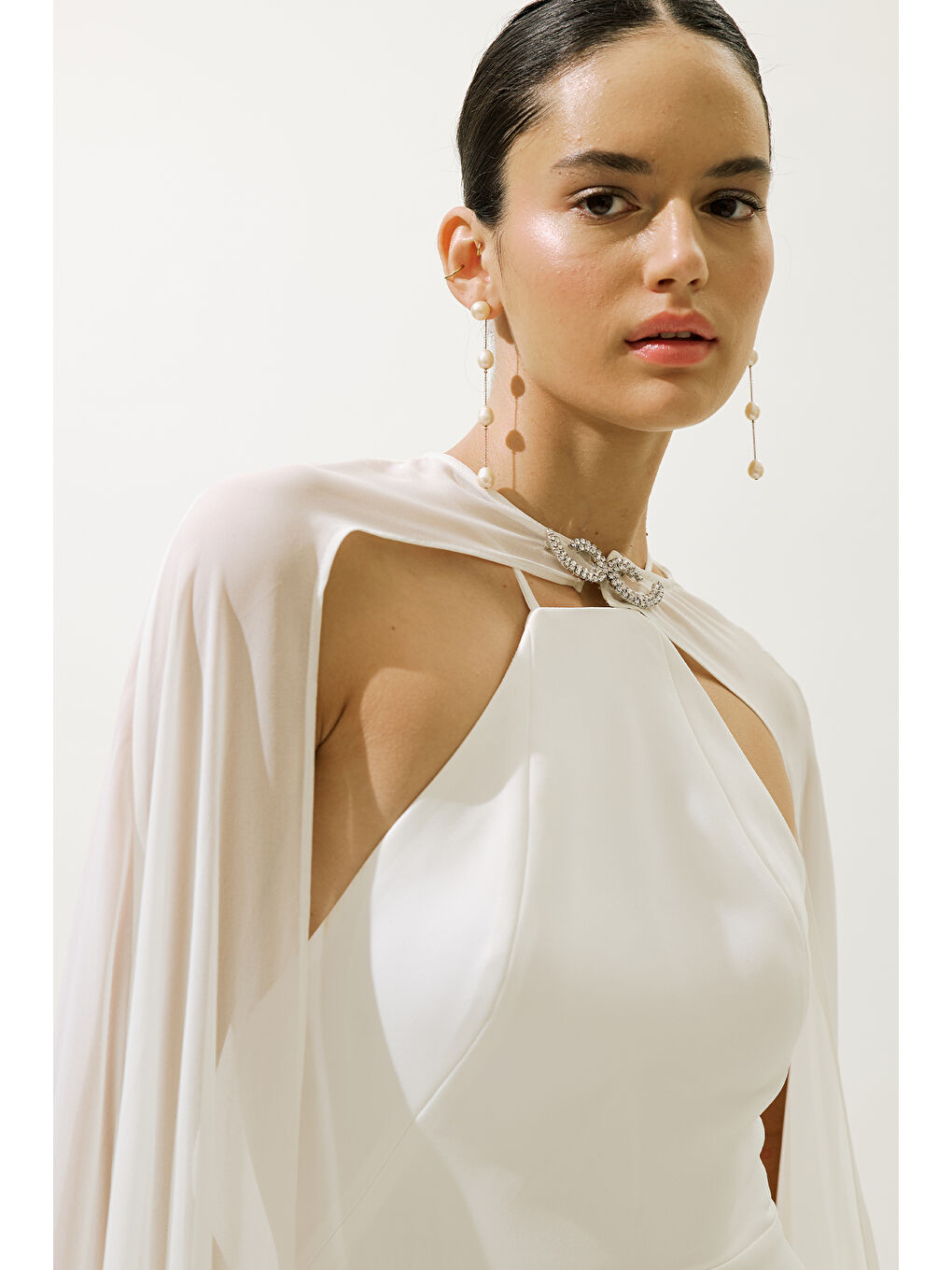 Frances Pelerinli Abiye Elbise Ekru-3