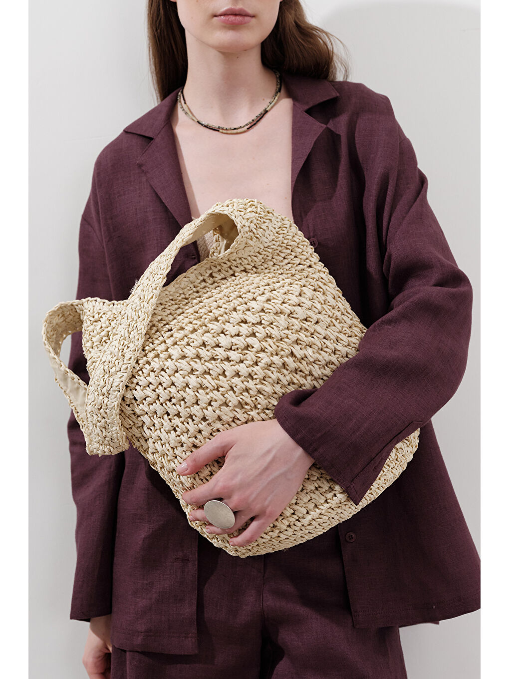 Örgülü Hasır Çapraz Çanta Bej-1