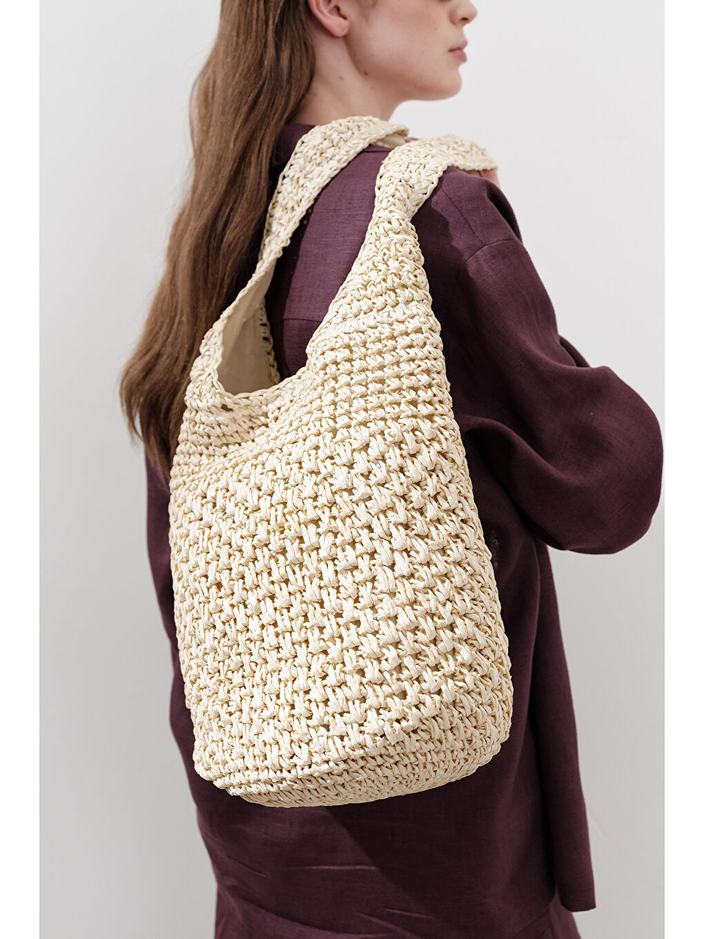 Örgülü Hasır Çapraz Çanta Bej-2