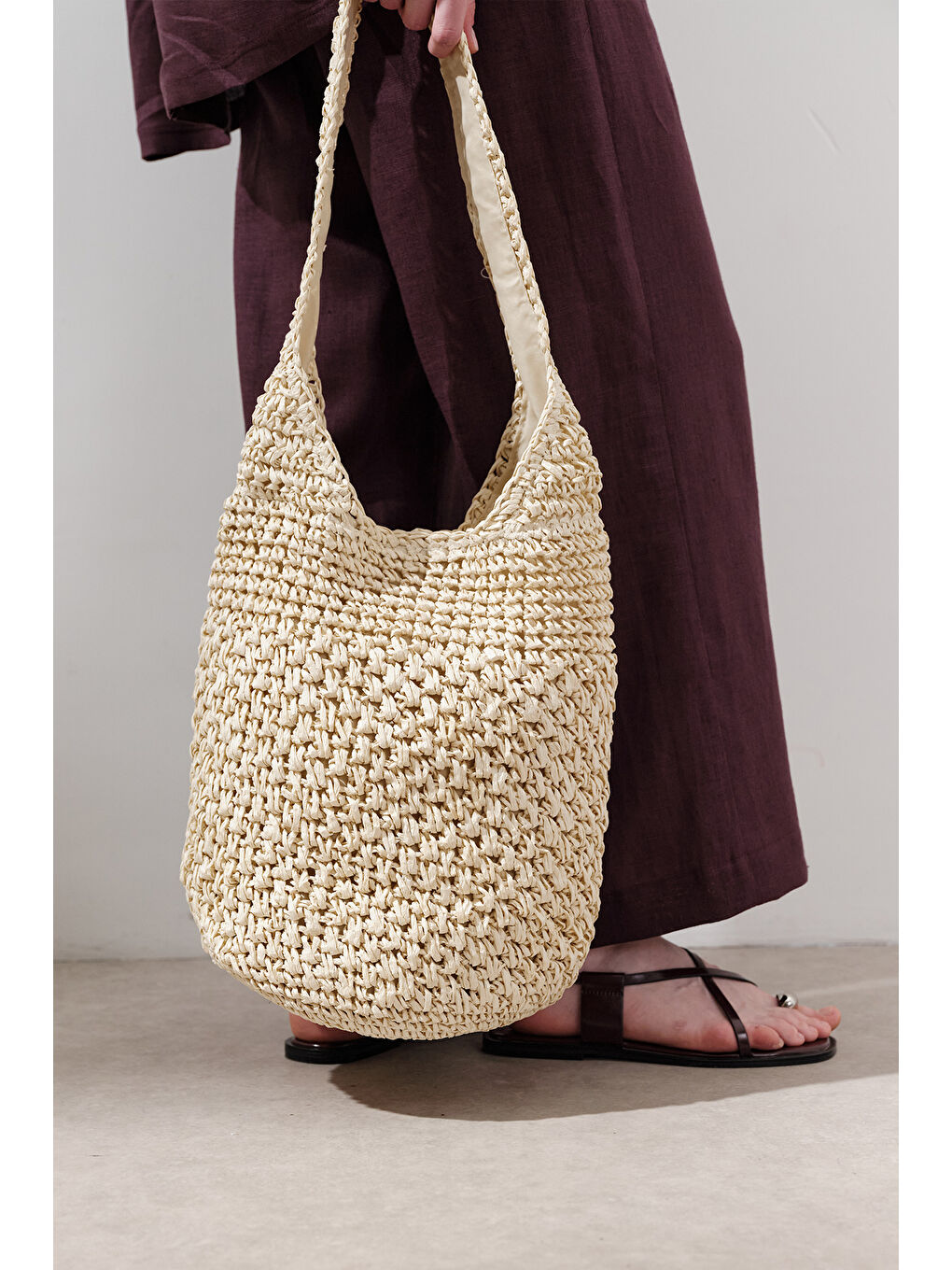 Örgülü Hasır Çapraz Çanta Bej-3