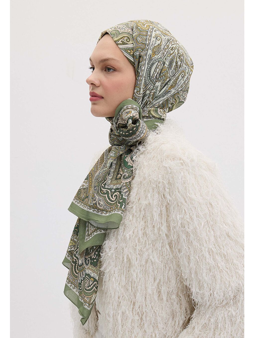 Etnıc Floral Desen Şal Yosun Yeşili-3