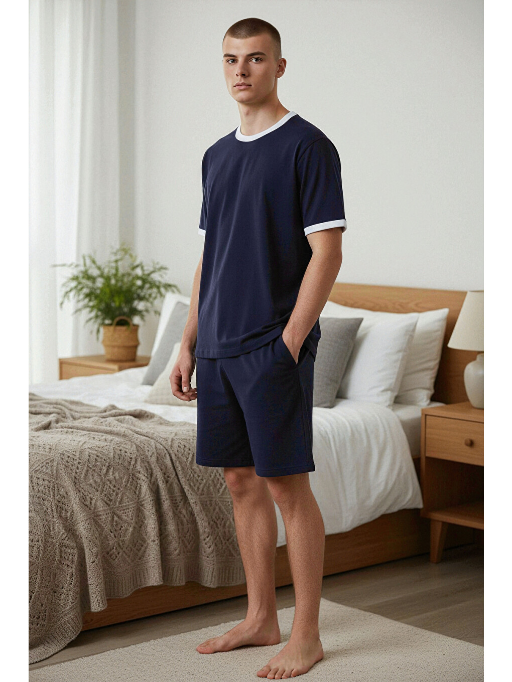 Erkek Pamuklu Lacivert Cepli Şortlu Pijama Takımı-1