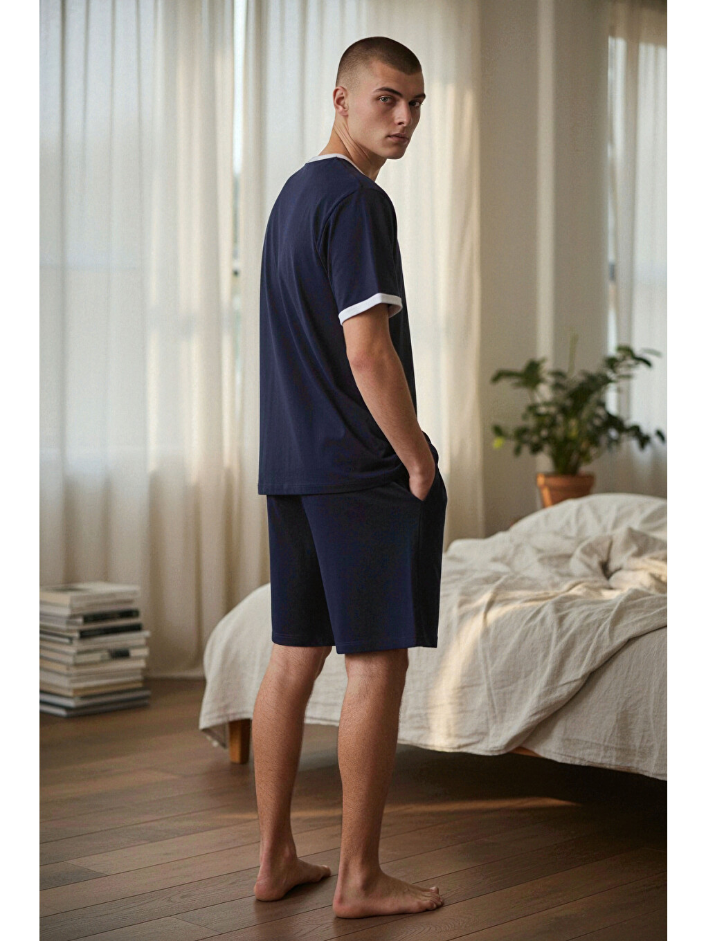 Erkek Pamuklu Lacivert Cepli Şortlu Pijama Takımı-3