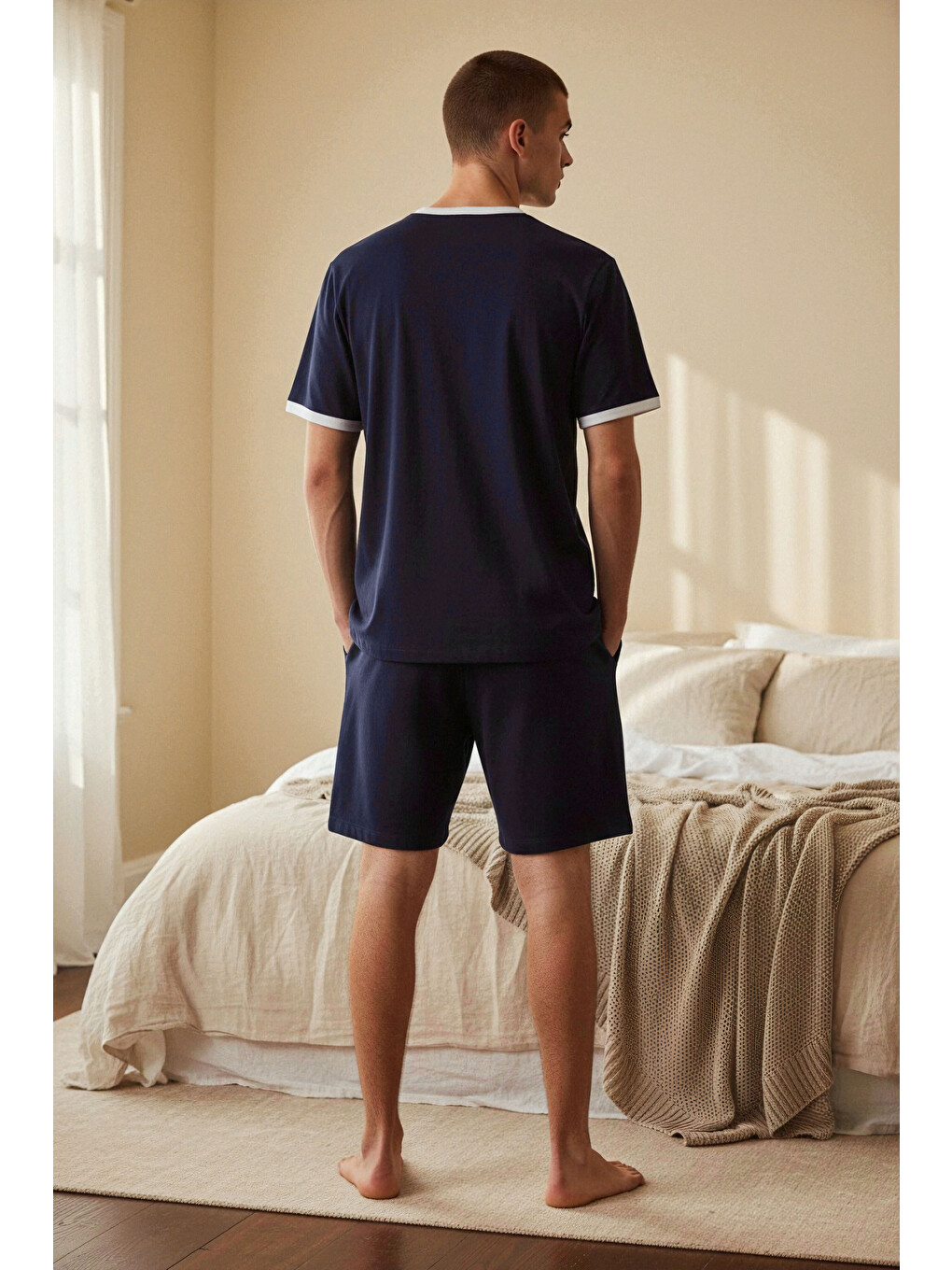 Erkek Pamuklu Lacivert Cepli Şortlu Pijama Takımı-4