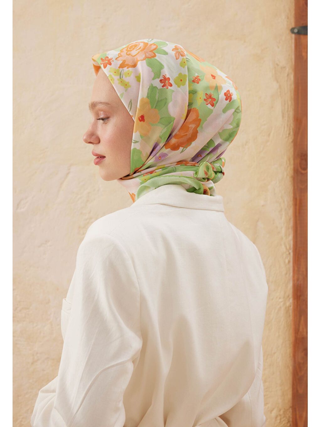 Sprıng Rose Desen Pamuk İpek Eşarp Yeşil-3