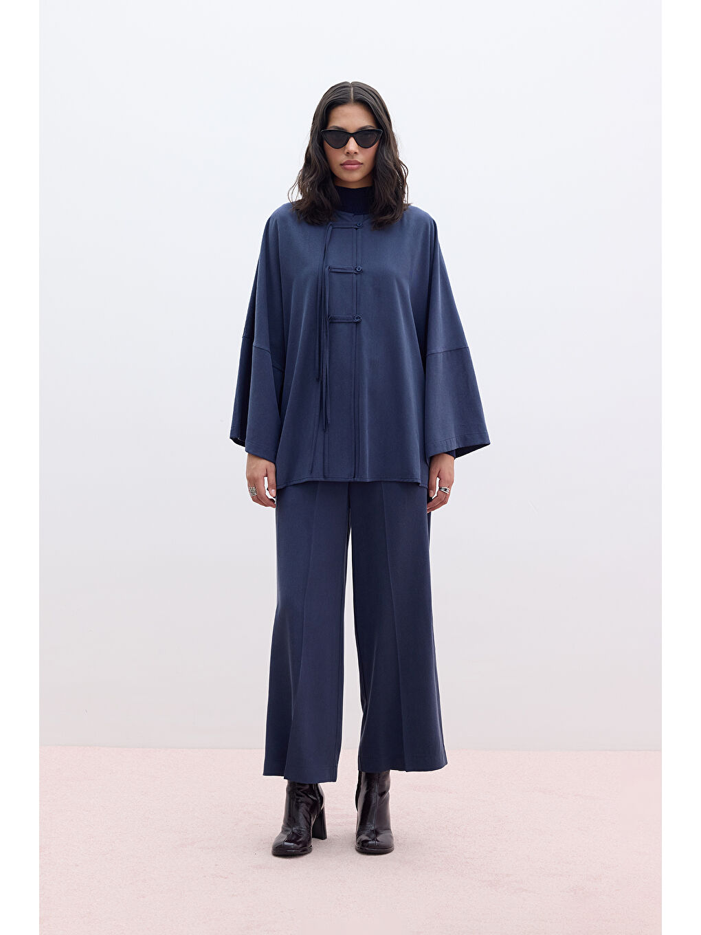 Lyocell Geniş Paça Pantolon Lacivert-1