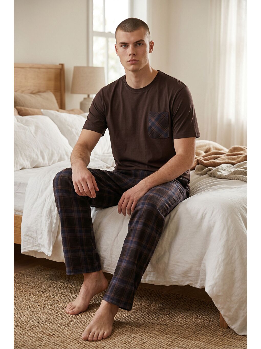 Kahverengi Erkek Pamuklu Üst Füme Göğüs Cepli Kısa Kollu Pijama Takımı