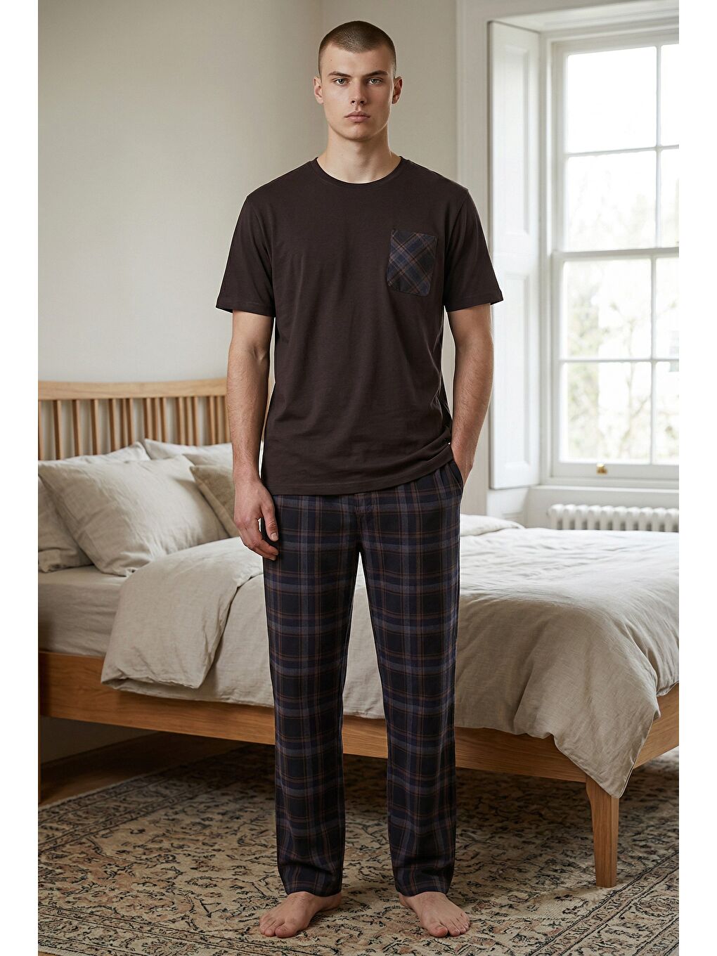 Kahverengi Erkek Pamuklu Üst Füme Göğüs Cepli Kısa Kollu Pijama Takımı-1