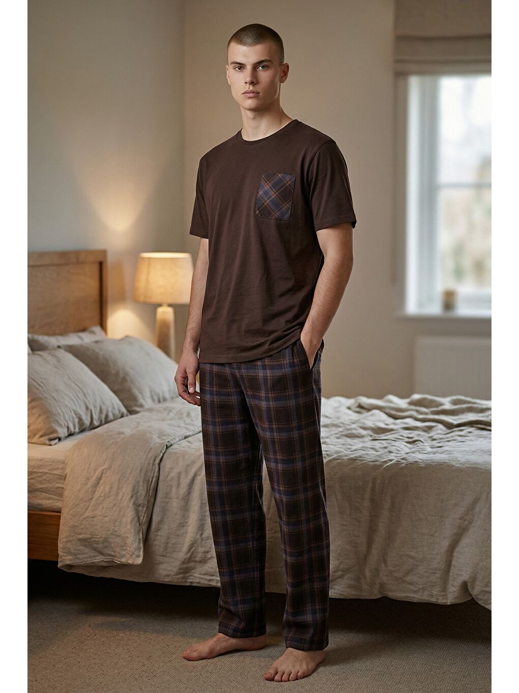 Kahverengi Erkek Pamuklu Üst Füme Göğüs Cepli Kısa Kollu Pijama Takımı-2