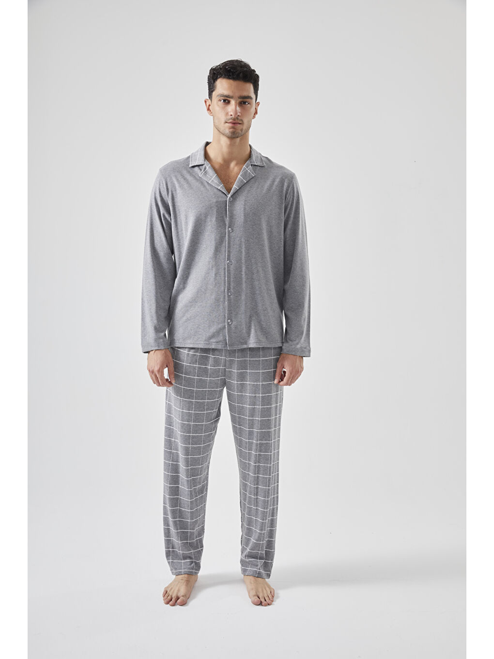 Erkek Pamuklu Gri Ekose Desenli Uzun Kollu Cep Detaylı Gömlek Yaka Pijama Takımı-2