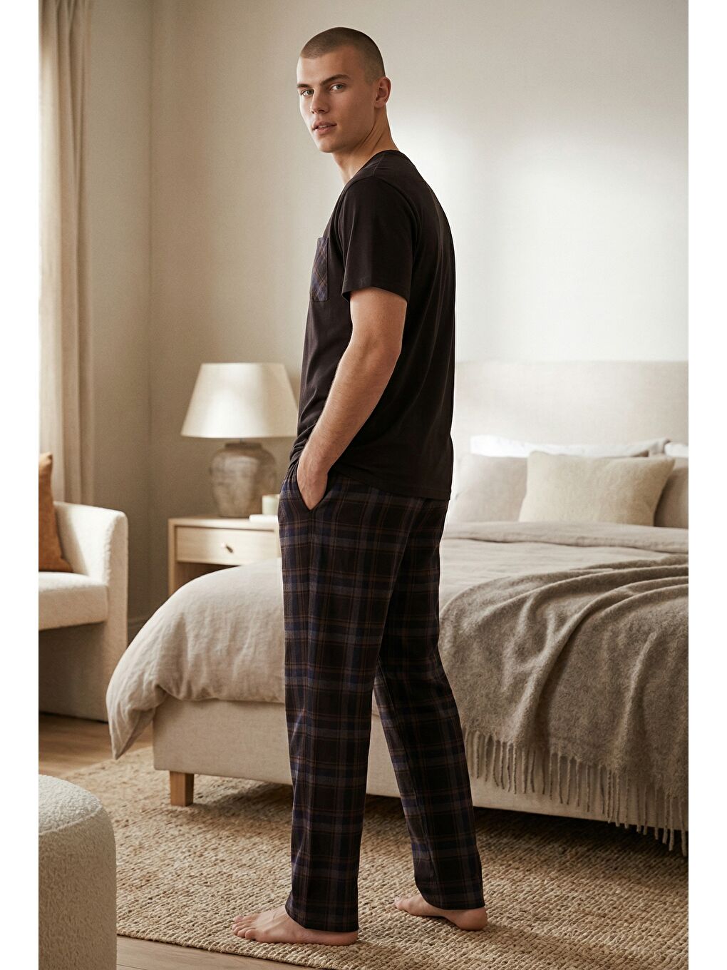 Kahverengi Erkek Pamuklu Üst Füme Göğüs Cepli Kısa Kollu Pijama Takımı-3
