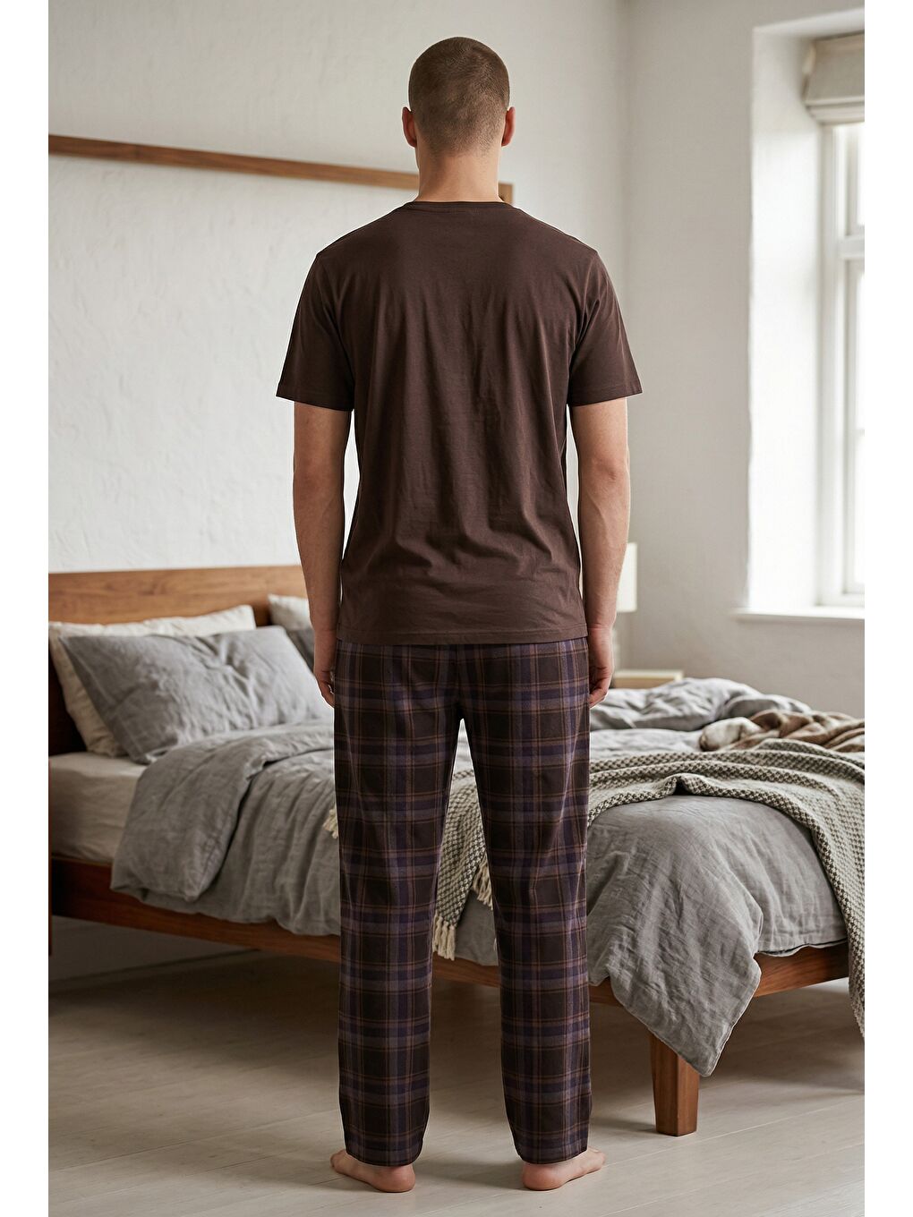Kahverengi Erkek Pamuklu Üst Füme Göğüs Cepli Kısa Kollu Pijama Takımı-4