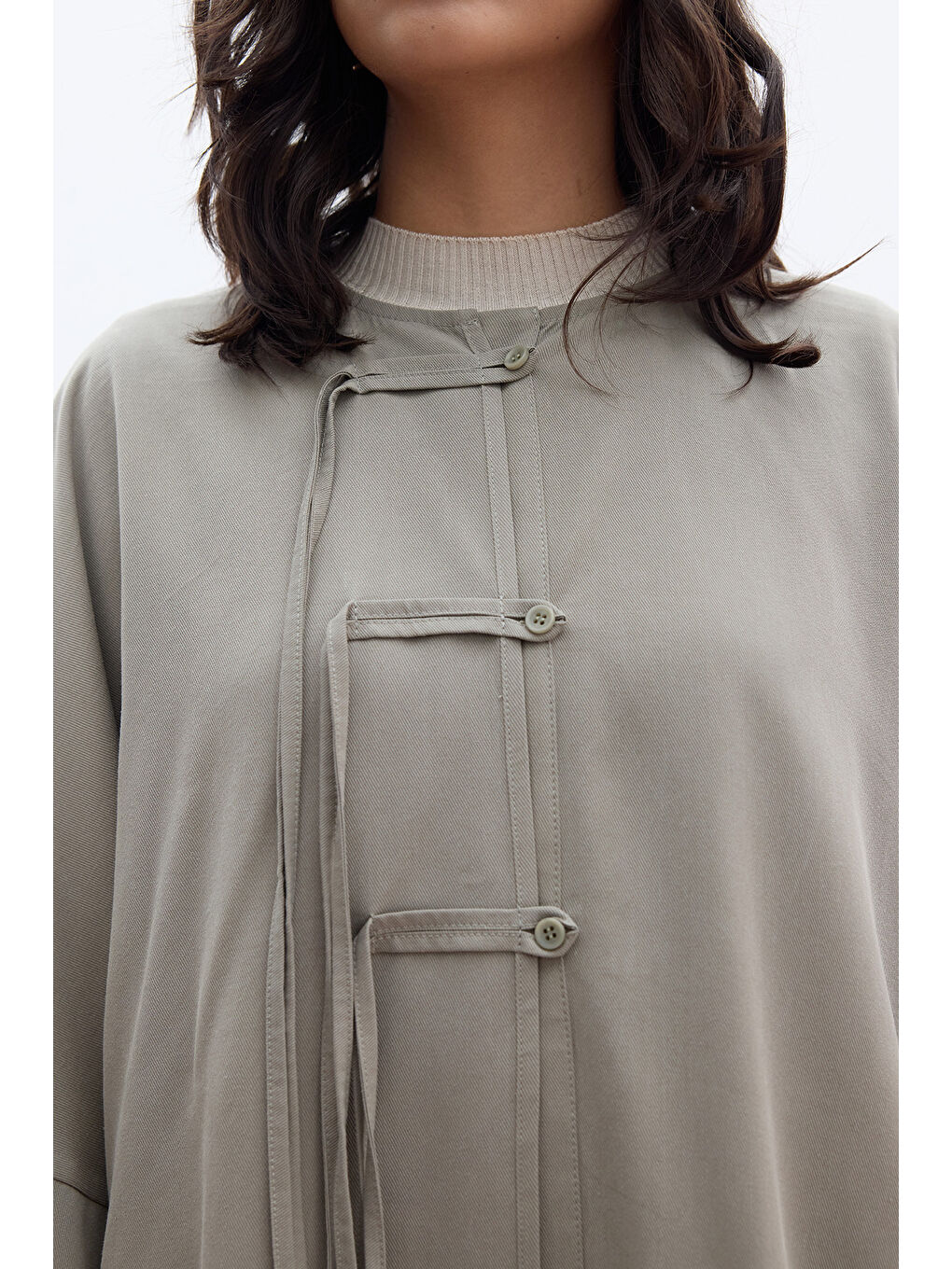 Lyocell Bağlama Detaylı Gömlek Haki-3