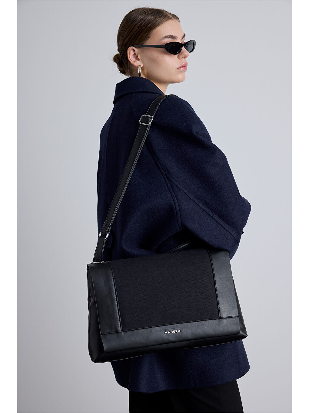 Kanvas Deri Kapaklı Çanta Siyah-2