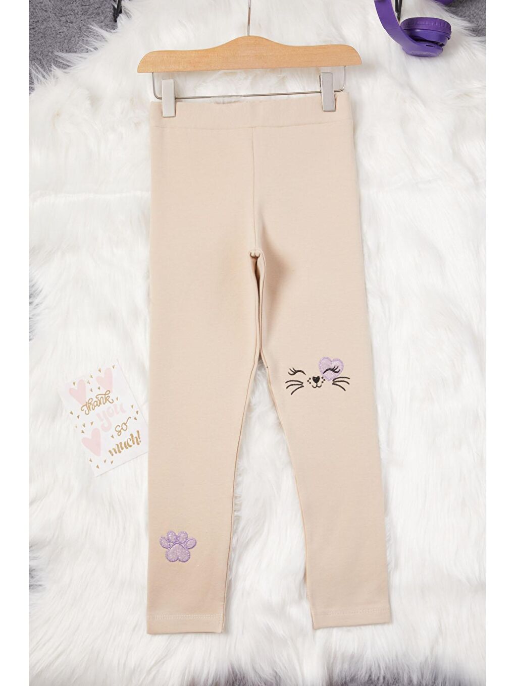 Beyaz Kız Çocuk Kedi Nakışlı Patili 2li Tayt Siyah-Krem 17032-1