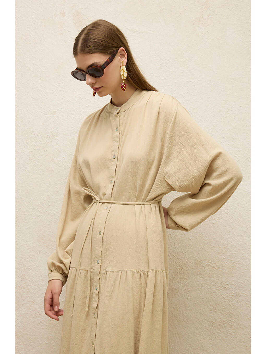 Pamuklu Oversize Form Elbise Bej-1