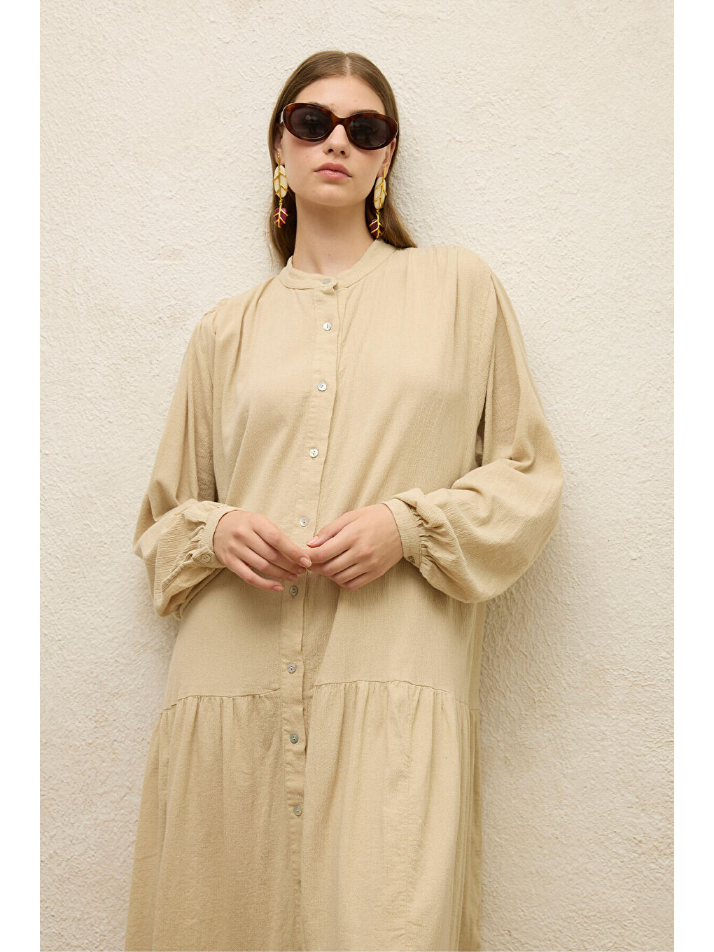 Pamuklu Oversize Form Elbise Bej-2