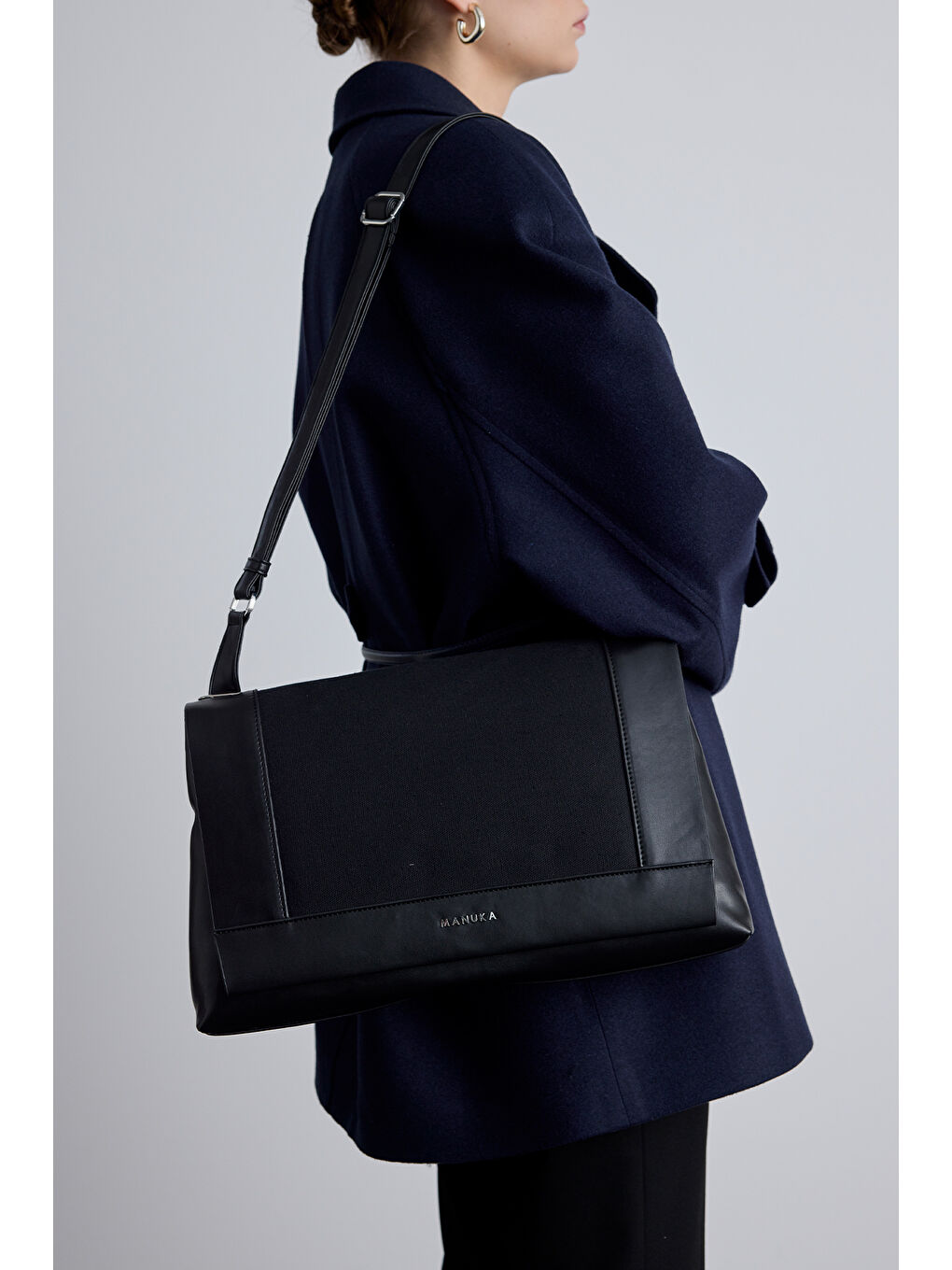 Kanvas Deri Kapaklı Çanta Siyah-3