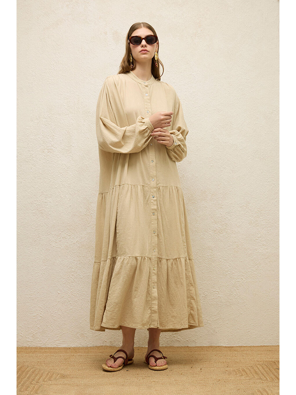 Pamuklu Oversize Form Elbise Bej-3