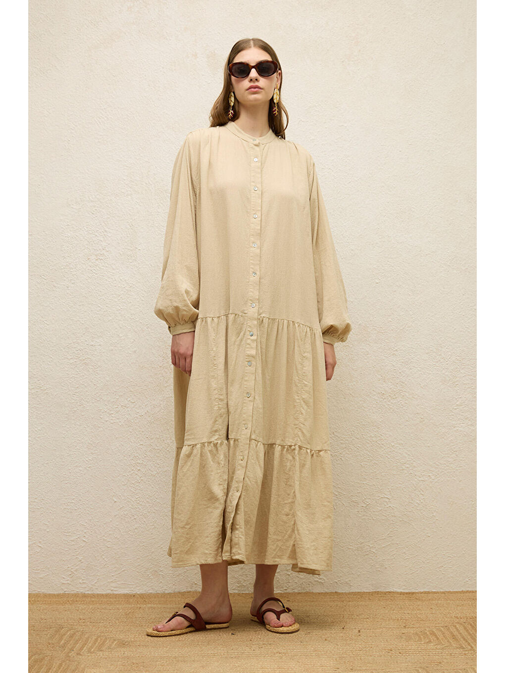 Pamuklu Oversize Form Elbise Bej-4