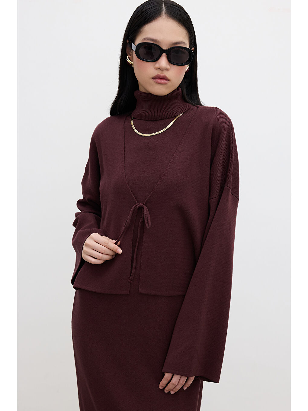 Bağcıklı Triko Hırka Bordo-1