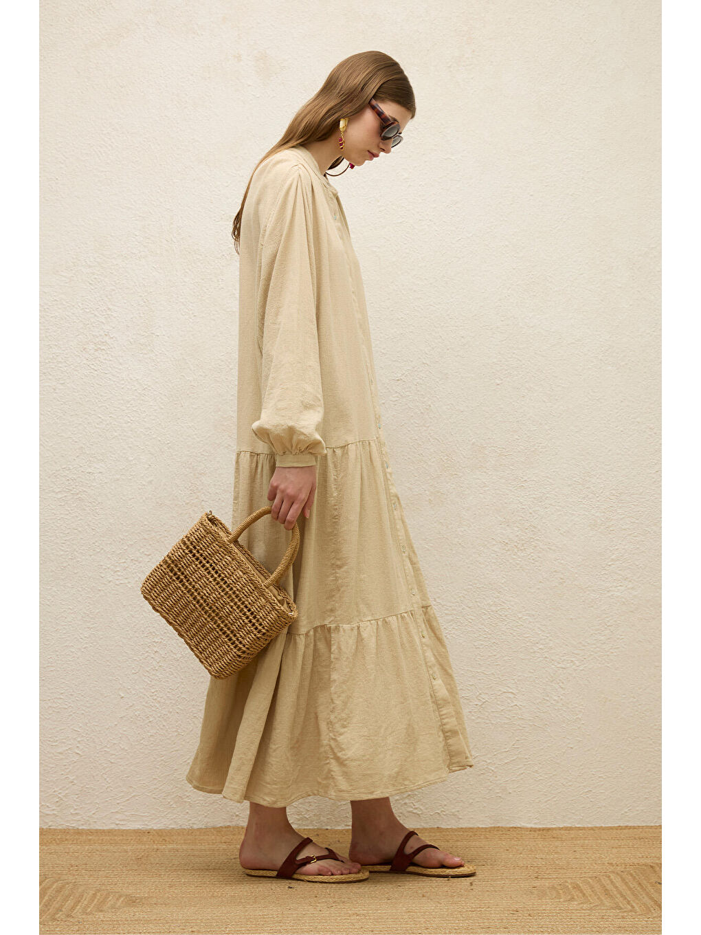 Pamuklu Oversize Form Elbise Bej-5