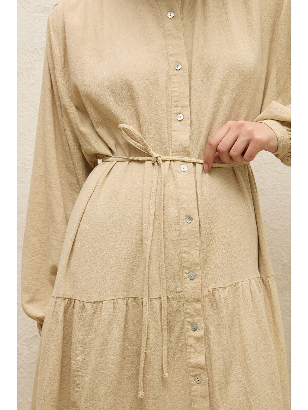 Pamuklu Oversize Form Elbise Bej-6