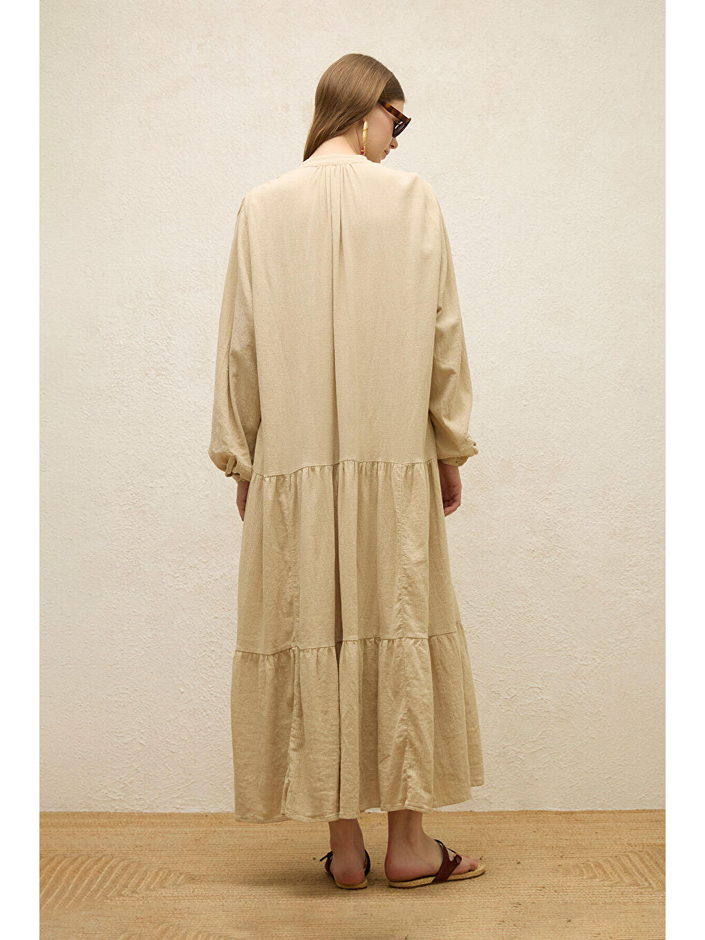 Pamuklu Oversize Form Elbise Bej-7