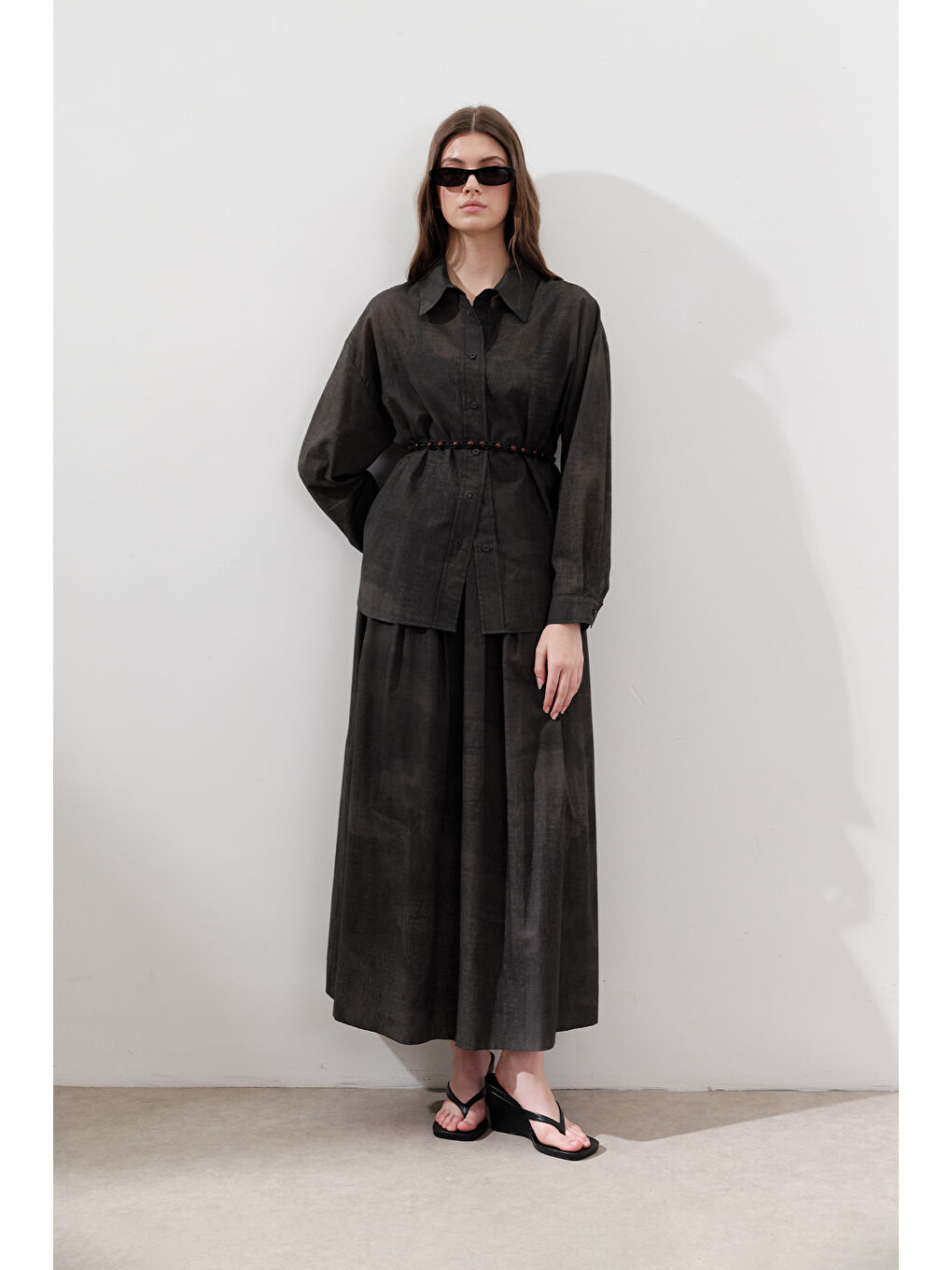 Desenli Pamuklu Hafif Etek Antrasit