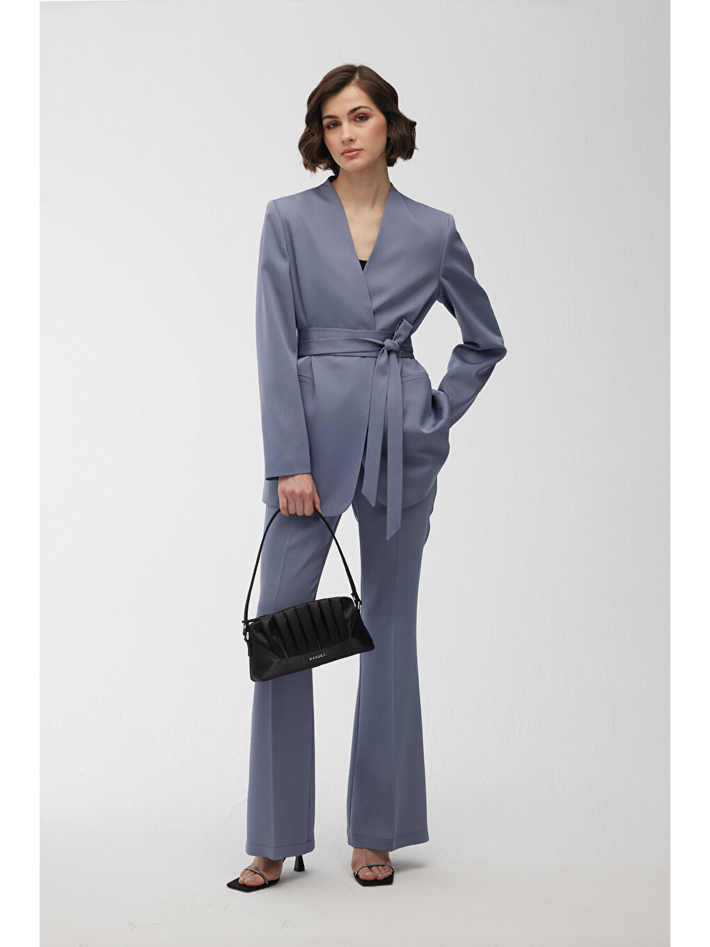 Saten İspanyol Paça Pantolon Mavi-1