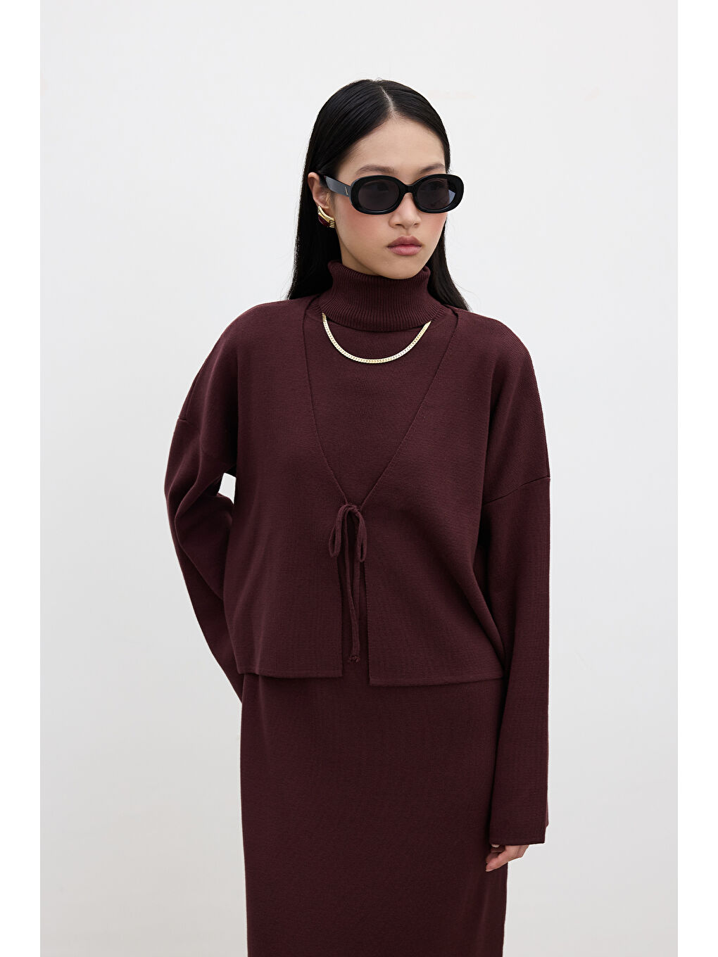 Bağcıklı Triko Hırka Bordo-4