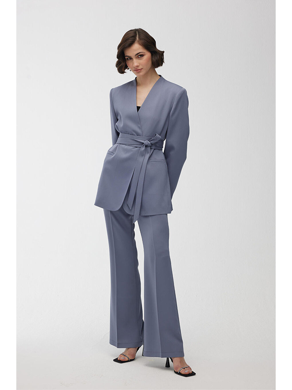 Saten İspanyol Paça Pantolon Mavi-2