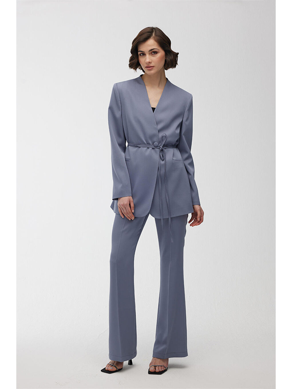 Saten İspanyol Paça Pantolon Mavi-3