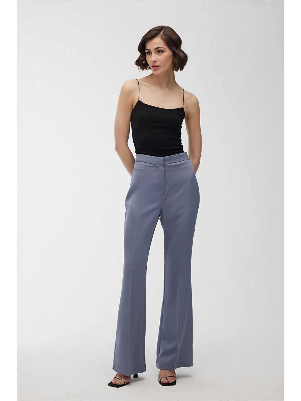 Saten İspanyol Paça Pantolon Mavi-5