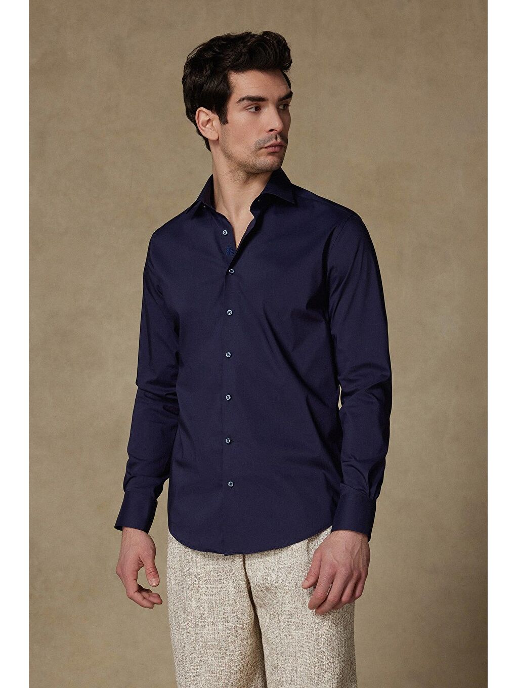 Enzo Poplin Stretch Pamuk Karışımlı Slim Fit Lacivert Klasik Yaka Erkek Düz Gömlek