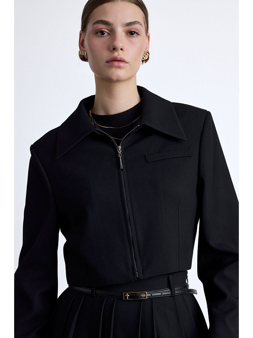 Klasik Kesim Crop Blazer Ceket Siyah-5