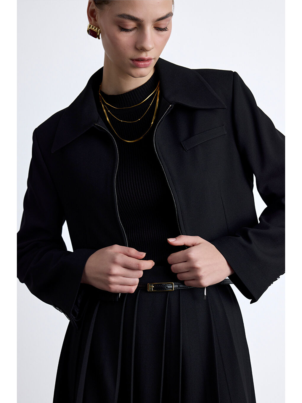 Klasik Kesim Crop Blazer Ceket Siyah-6