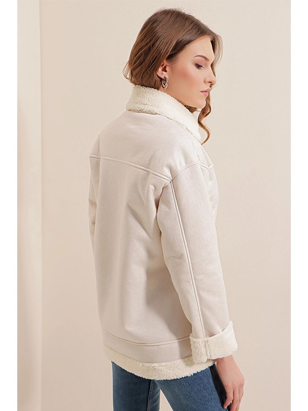 Ekru Fermuarlı İçi Kürklü Suni Deri Mont-3