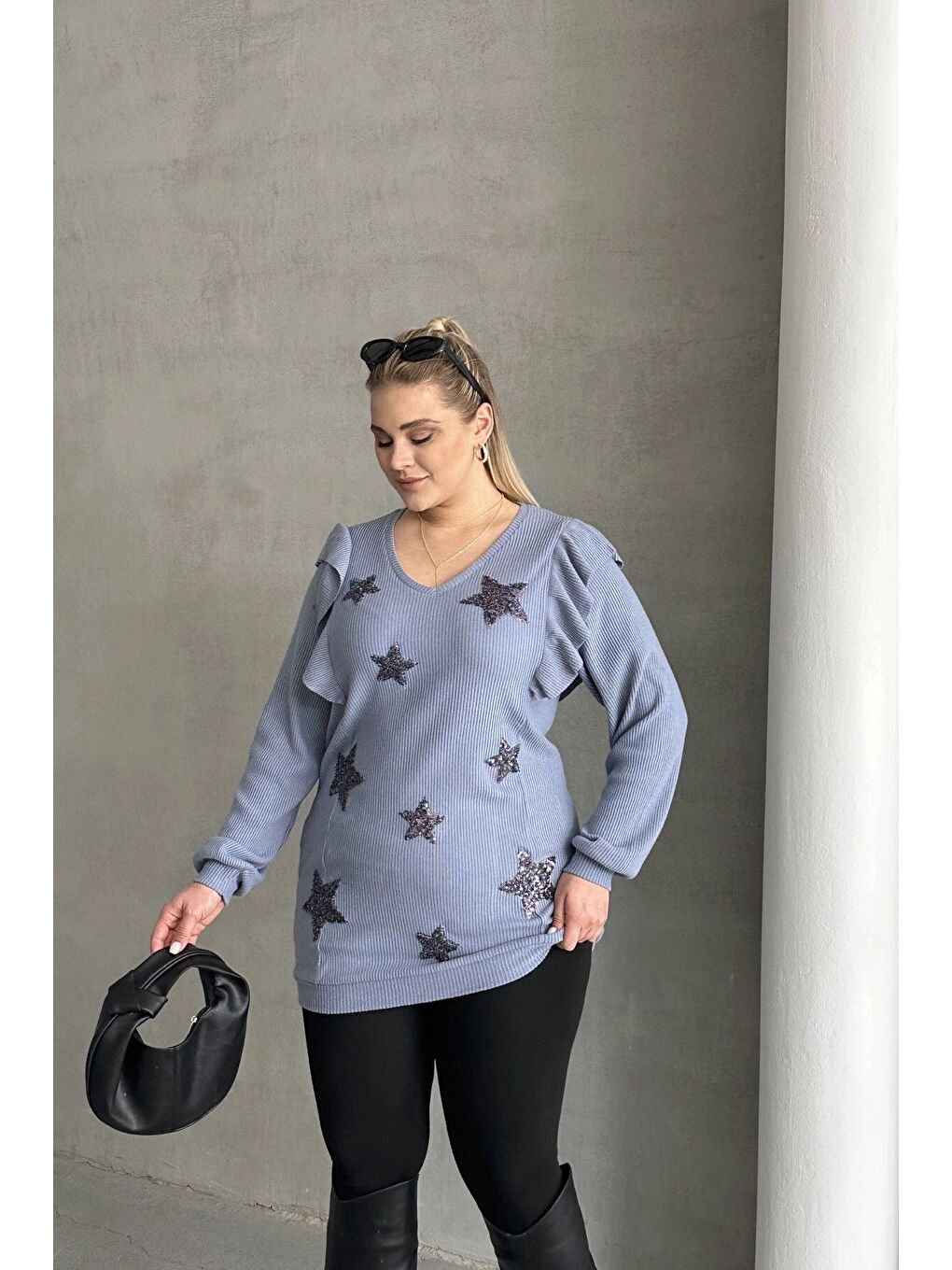 Mavi Büyük Beden Uzun Kolları Fırfırlı Yıldız Desen İşlemeli Bluz 301234-1