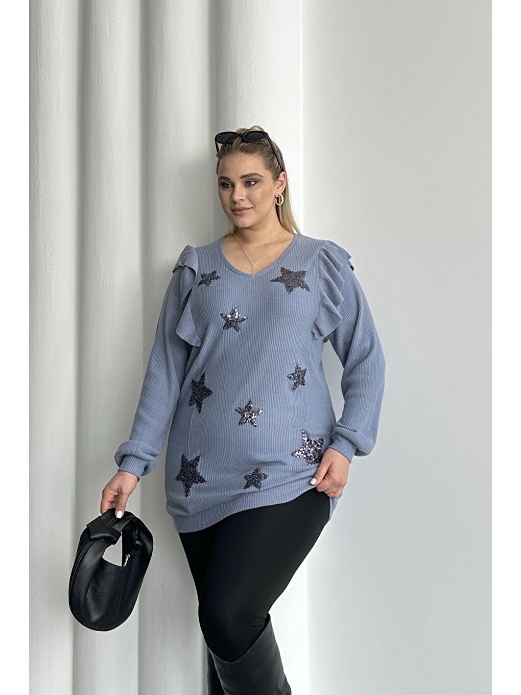 Mavi Büyük Beden Uzun Kolları Fırfırlı Yıldız Desen İşlemeli Bluz 301234-3