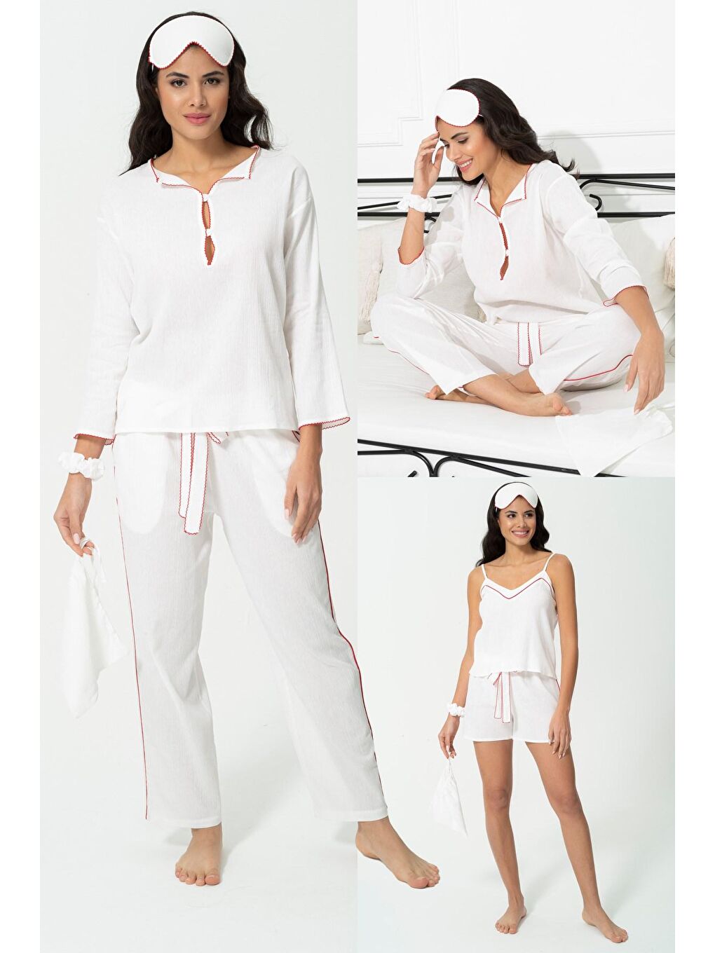 Beyaz 7'li Organik Kırmızı Kenar İşlemeli Pijama Takımı