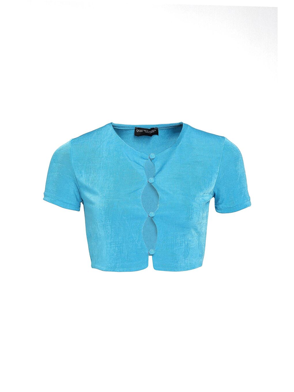 Dokulu Dekolteli Düğmeli Bluz Turkuaz-1