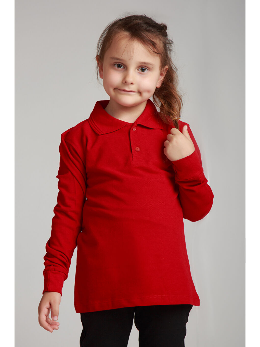 Kırmızı Kids Polo Yaka Basic Uzun Kollu Kız Çocuk-2