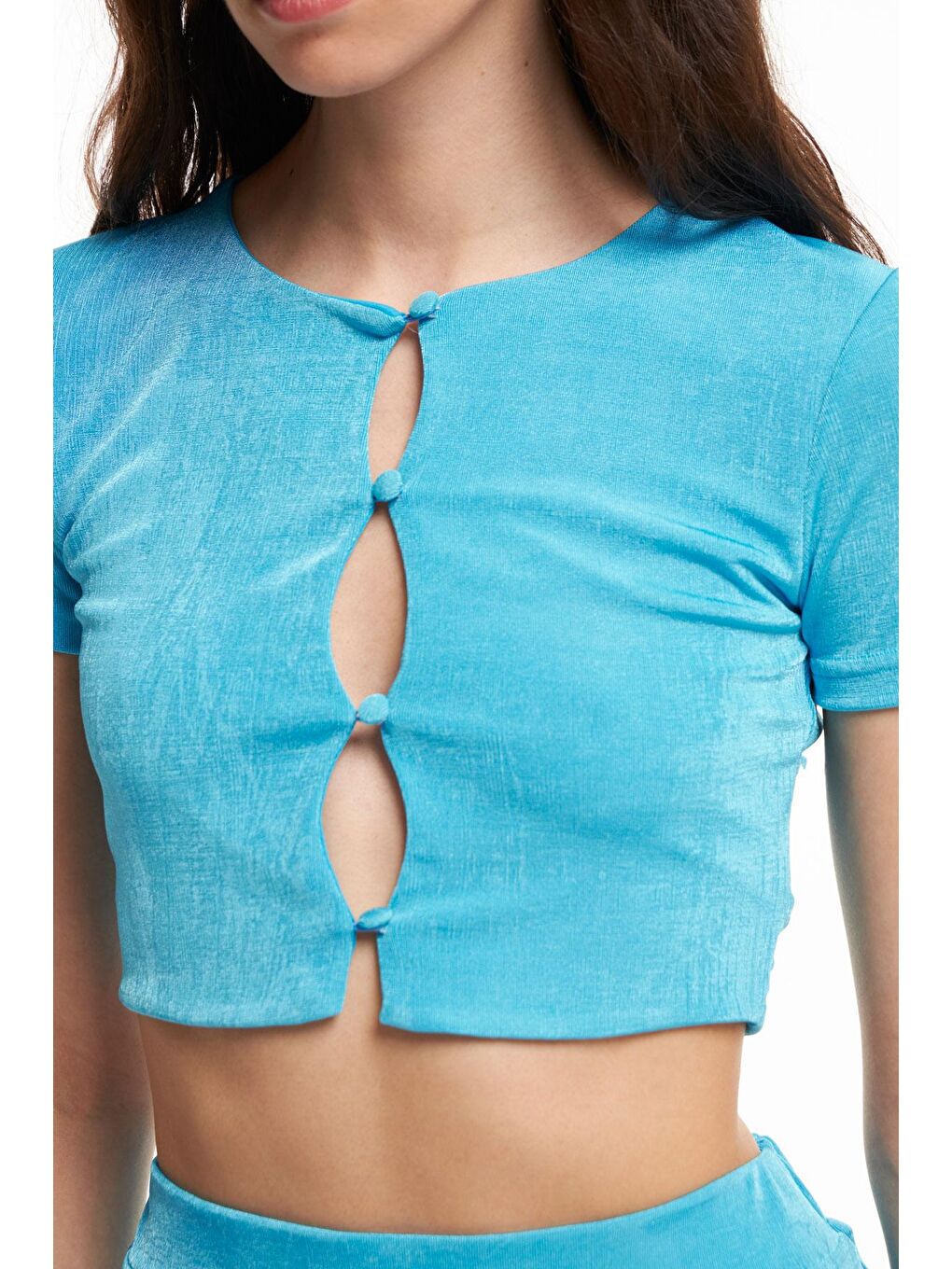 Dokulu Dekolteli Düğmeli Bluz Turkuaz-3