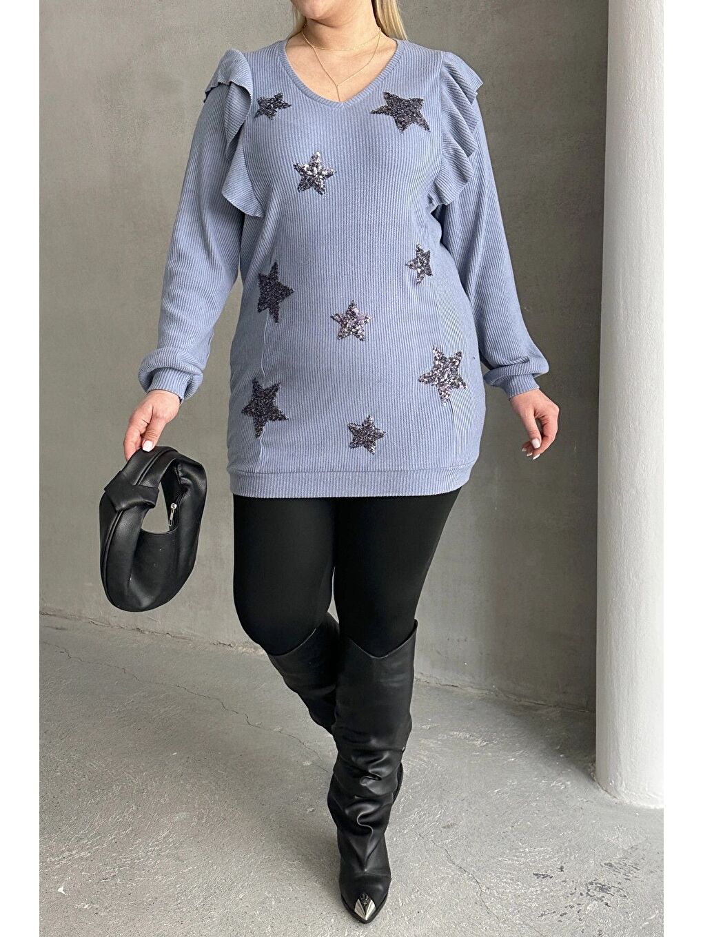 Mavi Büyük Beden Uzun Kolları Fırfırlı Yıldız Desen İşlemeli Bluz 301234-5