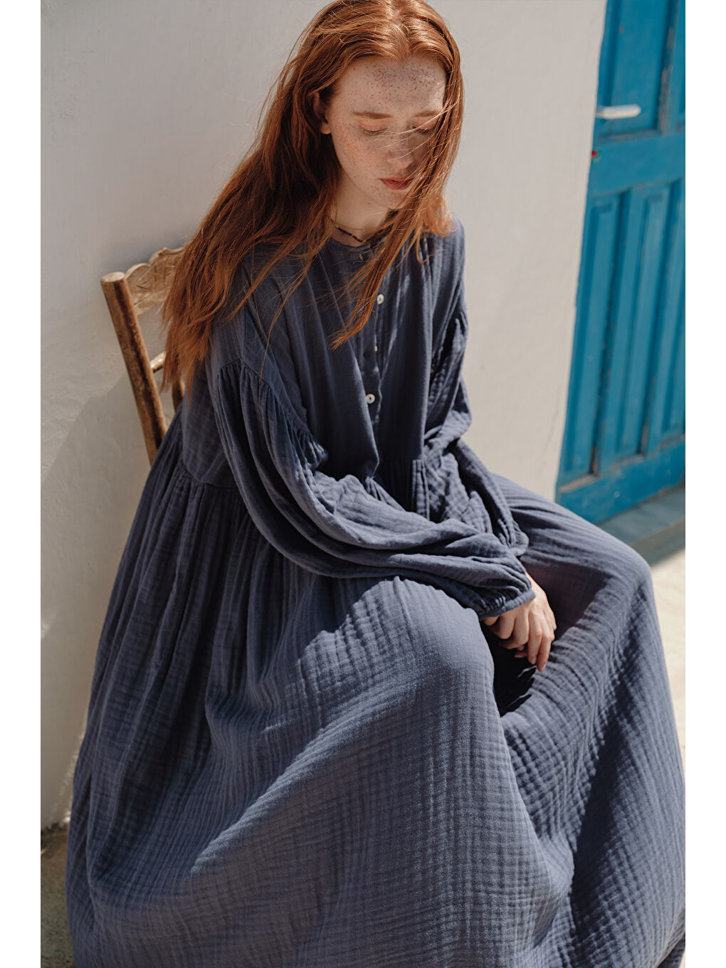 Müslin Düğmeli Rahat Elbise İndigo-1