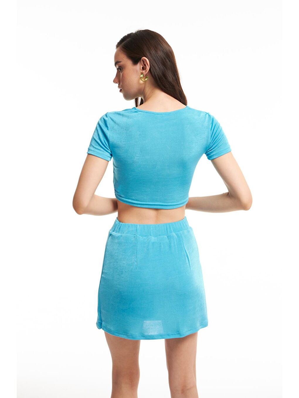 Dokulu Dekolteli Düğmeli Bluz Turkuaz-4