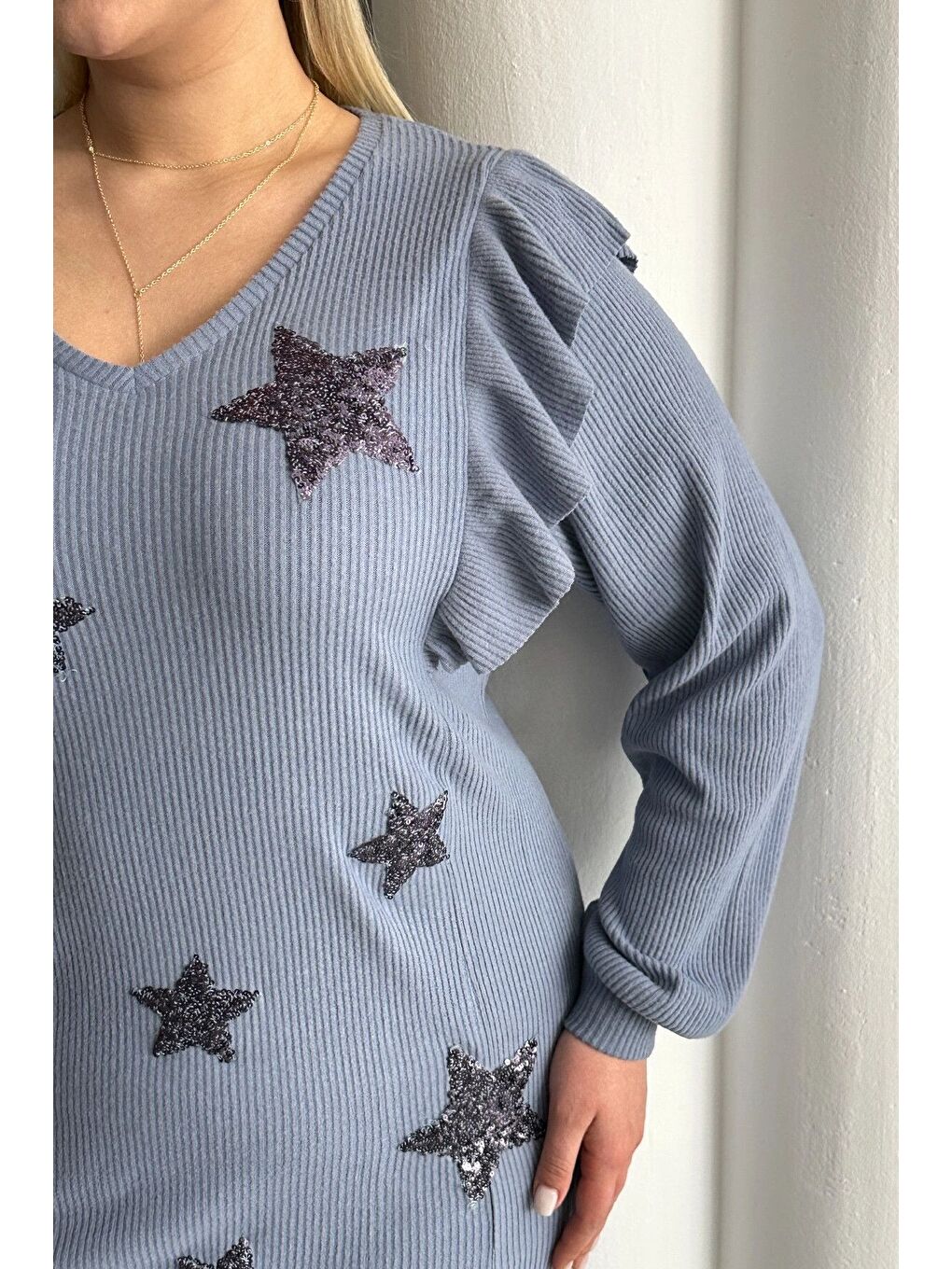 Mavi Büyük Beden Uzun Kolları Fırfırlı Yıldız Desen İşlemeli Bluz 301234-6