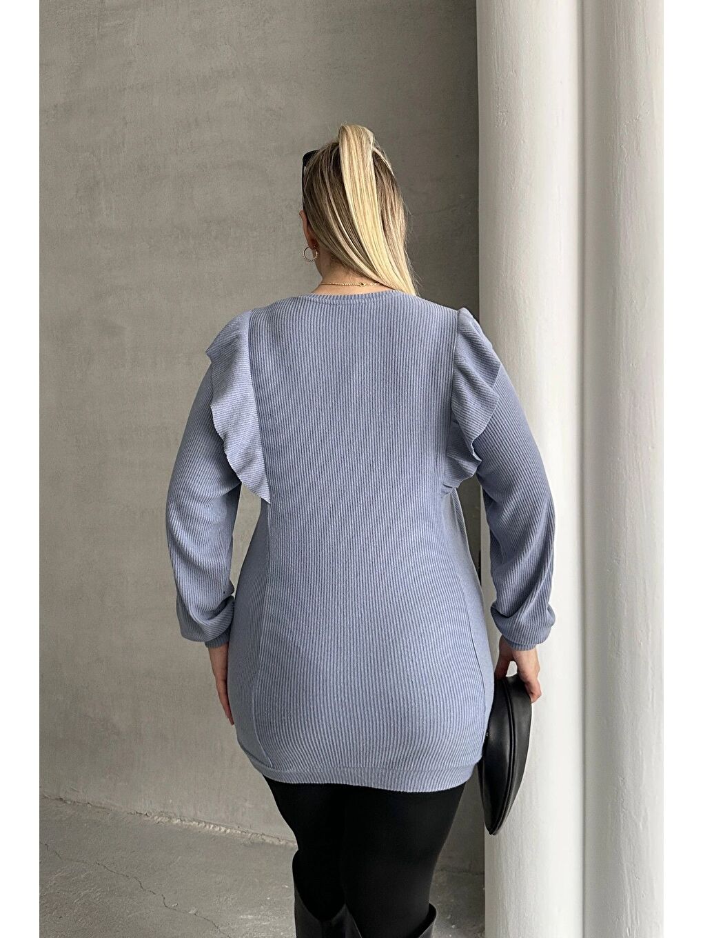 Mavi Büyük Beden Uzun Kolları Fırfırlı Yıldız Desen İşlemeli Bluz 301234-7